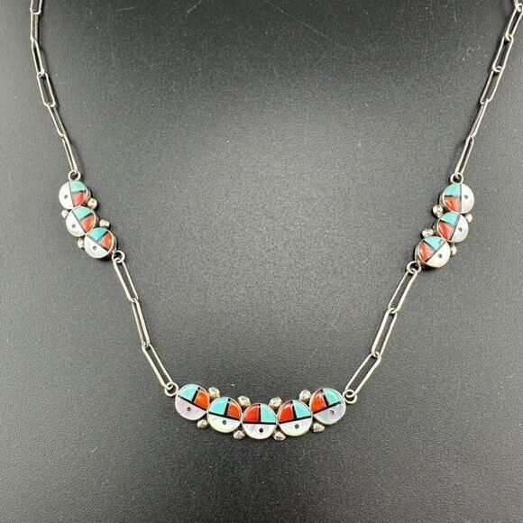 Vintage Zuni Sunface Sterling Silver Turquoise Inlay Sun Face Necklace - Picture 4 of 8